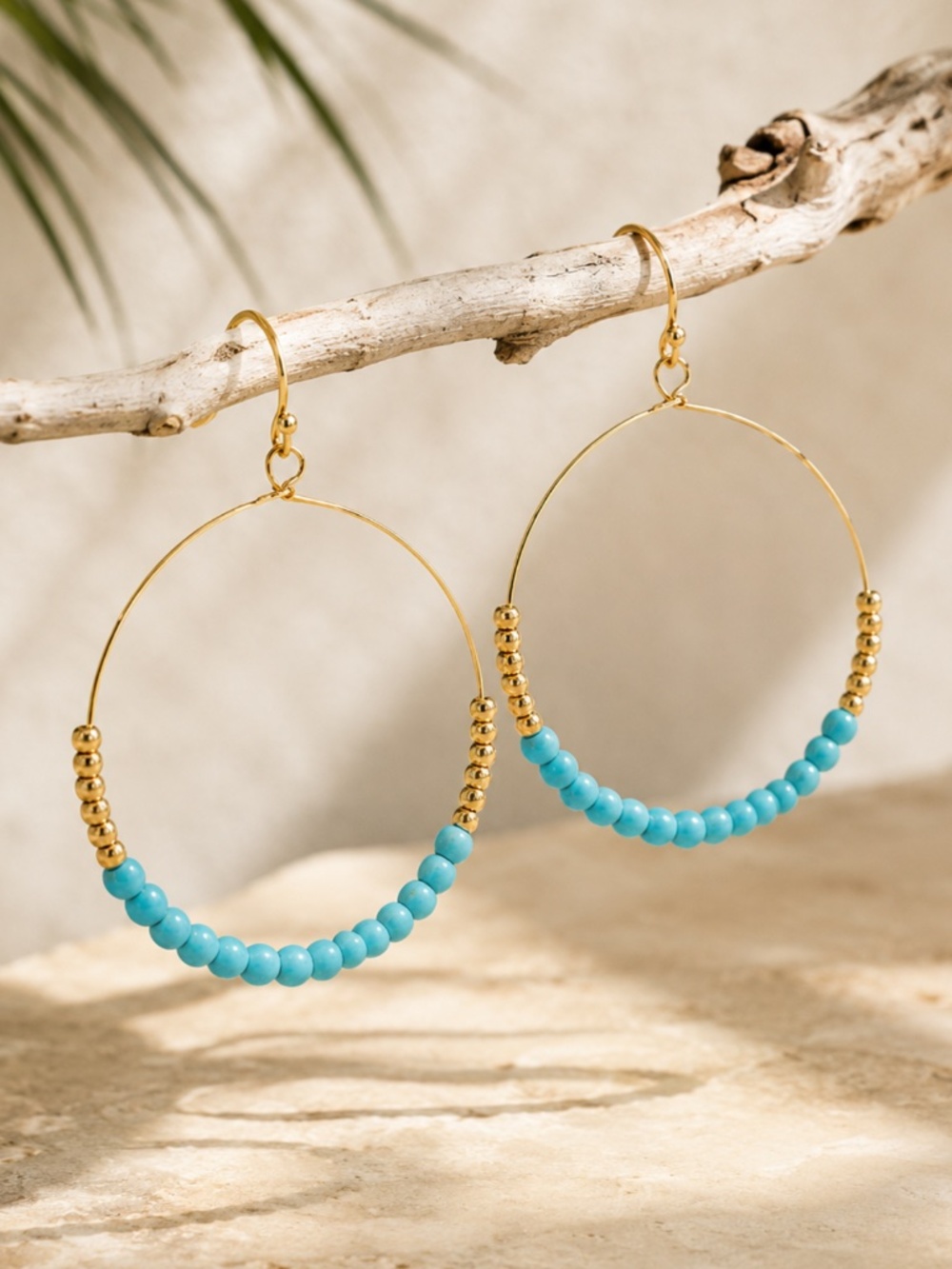 Turquoise Beaded Hoop Earrings Gold Tone Open Circle Dangle Earrings